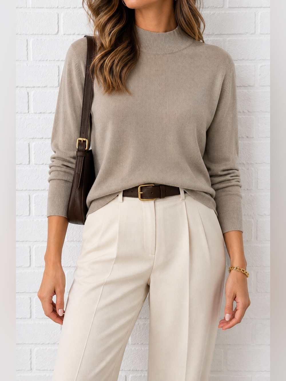 Vintage Belford 100% Silk Taupe Mock Neck Sweater Made in Hong Kong